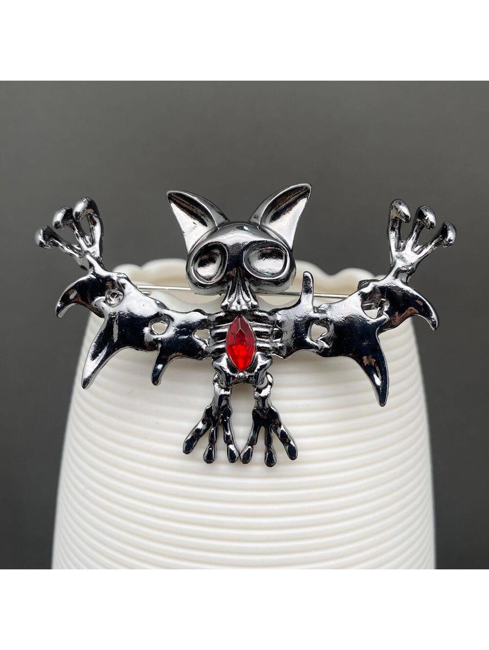 Unique Silver Tone Cat and Bat Gothic Brooch with Red Gem